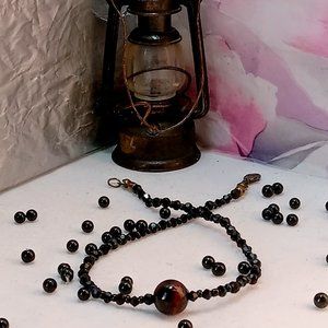 Black Beaded Anklet With A Tiger's Eye Ball Part Of Bracelet\Anklet A Set